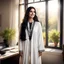 Placeholder: Hyper Realistic Photographic View Of A Gorgeous Pashto Young Woman (Wearing Long White Coat With Black Dress With Black Embroidery & Wearing Plain White Dupatta On Her Neck) Alone Happily Standing & Smiling In Her Office Room With Her Beautiful Long Black Hair With Sun Rays Coming From A Fancy Window At Her Back, With A Little Garden View From Outside WIndow Showing Dramatic & Cinematic Ambiance.