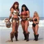 Placeholder: two happy women: Red Sonja and Xena presenting womanizer toys on the beach (1980)