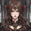 Placeholder: A portrait headshot of a confident looking young woman with pale skin and long brown hair in a dark fantasy setting with intricate details. She is wearing black and read leather, has red eyes, an air of malevolent power surrounds her. Anime style. High definition.