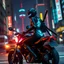 Placeholder: In the city at night, neon Asian cyborg ninja female warrior with no helmet with katanas strapped to her back riding a chopper