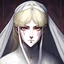 Placeholder: Berserk artstyle of a 14 old girl with blonde knee-length hair, Crystal beryllium eyes, with heavy eye bags, in a white Victorian gown and a white laced veil on top of her head.