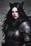 Placeholder: portrait of a athletic woman warrior, long black hair, redish eyes, pale skin, black medieval armor, black wolf pelt over her shoulders, comicbook art style