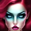 Placeholder: diamond blue eyes, and dark pink hair, teardrop shaped eyebrows, woman, angry expression, pointy ears