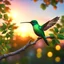 Placeholder: Highly detailed octane render photorealistic picture of a hummingbird on a branch Bokeh tree leaves and sunset background