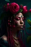 Placeholder: young woman with dreadlocks dark moody art with spring feel and color, pomegranate tree in background pink roses with flower headdress, hyper realistic maximalist concept art