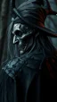 Placeholder: Busch painting style nightmare, a zoomed rear view of a witch by his face skin is a rusted broken metallic skin texture in a 3d rendering full-height image of a grim and dark scene. Ensure the final images exhibit the utmost quality, encompassing 4K, 8K, and 64K resolutions, with 3D rendering that manifests in photorealistic, hyperrealistic, and highly detailed representations. Employ techniques such as HDR, UHD,