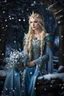 Placeholder: Elven princess,elven crown,long blonde golden hair,rapunzel hair,ice flowers,beautiful,light blue,dark blue,golden armor,sparkle,glitter,ice flowers,snow,elven ears,dark fairy princess