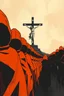 Placeholder: "A conceptual black-and- dark orange, digital illustration of a massive hooded warriors walking in the same direction, heads down, symbolizing conformity. Jesus on the cross in the background, The atmosphere feels lifeless and repetitive, emphasizing the ordinary mindset of the majority."