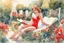 Placeholder: woman in red swimsuit reading a book in a beautiful garden in sunshine style Vittorio Giardino, stylized pen drawing and watercolor