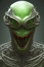 Placeholder: green alien, head, evil, red eyes, big silver teeth, weapons, blood, 8k, finely detailed, photo realistic, HR Giger style