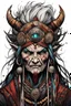 Placeholder: character concept illustration of an aged, world weary, Norse female tribal shaman , maximalist, sharp focus, highest resolution, in the styles of Alex Pardee, Denis Forkas , and Masahiro Ito, boldly inked, 8k, coarse, gritty textures