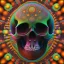 Placeholder: Aleksander Kotsis has created a digital artwork featuring a close-up view of a skull against a colorful background. The psychedelic art piece incorporates elements such as "liquid fire," "yellow infrared," and a "whirling death" to create a vibrant, 70s-inspired aesthetic reminiscent of artist Beeple's style. Additionally, the artwork features elements of colored analog photography and voodoo, resulting in a unique and visually striking composition. The aspect ratio of the artwork is 2:3.