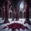 Placeholder: Hyper Realistic Big Maroon Crystals on snow Inside a Dark Abandoned Mosque with beautifully crafted pillars at dark night