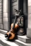 Placeholder: One single mature homeless cat, sleeping in a corner on the street, violin case, Vienna, mourning, model style, hyper realistic, extremely accurate, delicate, extremely detailed, Graphic novel style, wide-angle, open aperture, superfine pencil