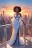 Placeholder: The scene opens onto a serene balcony overlooking a bustling city skyline. The sky above is painted in soft hues of blue and orange as the sun begins its descent, casting a warm glow over everything it touches. In the foreground stands a captivating figure, airbrush chibi cartoon curvy black woman exuding confidence and elegance. She is adorned in a flowing white knit maxi dress that hugs her curves in all the right places, accentuating her silhouette. Her choice of footwear is equally stunning