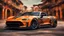 Placeholder: SUPER FUTURISTIC SPORT CAR, orange AND BLACK MATE PAINT AND DETAILS, 3/4 VIEW ANGLE, SHINNING detail of PAINT intricate detailed extremely epic athmospheric costume and ancient roman hyperrealistic background full body portrait art, EPIC STREET BACKGROUND, mustang INFLUENCED