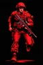 Placeholder: poster of a soldier running towards viewer, a knife i one hand, and an assault rifle(pointing at viewer) in the other. retro poster monochrome