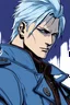 Placeholder: an illustration of vergil from devil may cry, with blue colored hair, with a set of pointy ears, wearing a blue trench coat