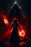 Placeholder: the blood dripping sorcerer known as The Shadow of Death using the staff of destruction. black bloody fire. fantasy art, Cinematic lighting, Volumetric lighting, Epic composition,