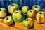 Placeholder: Abstract impasto oil painting of an apples on a table cezanne