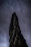 Placeholder: looking up from below at one single mountain pillar cliff sharp face rises out of the misty foreground into the night sky background.