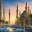 Placeholder: landscape, river, sun, skyscrapers homes, city, mosque, far view, colorful.