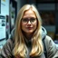 Placeholder: cool blonde hair blonde eyes woman 25 years old rodfessor big fat, smart long hair dark ,,, film maker director,,, wearing glasses yound in a hoody talking about philiophy ton his friends, style life realism
