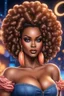 Placeholder: create an airbrush illustration of a curvy black female wearing Tight blue jeans and a peach off the shoulder blouse. Prominent make up with long lashes and hazel eyes. She is wearing brown feather earrings. Highly detailed long black bantu knots. Background of a night club.