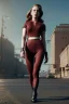 Placeholder: retro portrait image from 1960, Moscow background, wind, long red hair, fighting stance, sweet young Scarlett Johansson, classic black tight lycra suit, weapon, gold bracelet and belt, high heel boots, soft color, highly detailed, unreal engine 5, ray tracing, RTX, lumen lighting, ultra detail, volumetric lighting, 3d, finely drawn, high definition, high resolution.