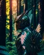 Placeholder: Winged man in the woods futuristic suit hyper-detailed retro 8k art