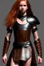 Placeholder: (hyperrealistic:1.1), concept illustration, super-detailed, beautiful teen female who is 16 years old with long ginger hair and freckles with full lips,, full body, full face, athletic, centred camera, ignore NSFW, skimpy brown fantasy leather armor, halter top, thong, knee-high leather boots, open leather skirt, stern expression, cute pose