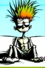 Placeholder: 2d drawing of a stickman, cool with punk hair, x eyes like in hangman, sitting in a car, arm resting on door ,3d realistic in colour