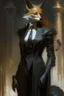 Placeholder: a fox in black suit and court gown in the style of Aleksi Briclot, Charlie Bowater, Dean Cornwell, and Pino Daeni