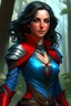 Placeholder: create an adult female air genasi from dungeons and dragons, black medium hair, light blue eyes, blue skin, wavy hair, wearing red leather clothing, very realistic, full body, digital painting, high resolution, forest background, a bit zoomed out