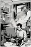 Placeholder: A tired man is working on the computer, and smoke rises from the computer.