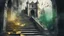Placeholder: old canvas, layered, mixed media, embossed, double exposure, light watercolor, glitter, medium ground, depth of field, brightness, highlights, light effects, gothic woman portrait, gold shards, staircase, ancient castle, gray green fragments, fuzziness, layered, blending, textured, 3D, 8K, best quality, fine rendering, precise rendering, high detail, hyperrealism, high resolution, high definition, multilayered, pinpoint sharpness, hyperfocus, vignette, textured painting