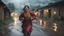 Placeholder: Hyper Realistic close-up-view of Beautiful-Happy-Pashto-Woman running across the streets of her village riverside at heavy-rainy-night with dramatic-&-cinematic-ambiance