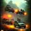 Placeholder: vietnam war. war report. jeep in jungle. poster. bokeh. lens flare. warm lights. high detailed. beksinski