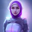 Placeholder: Cute girl face in hijab, Sci-fi character, purple backlight, pink and purple, scifi suit, profile, purple background, pink lighting