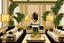 Placeholder: Inside an Art Deco living room with sofas, potted palms, with mirrors and brass sconces, incandescent, gleaming