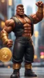 Placeholder: black hunk Abobo from double dragon holding up a big golden coin with a print of himself ,bokeh like f/0.8, tilt-shift lens 8k, high detail, smooth render, down-light, unreal engine, prize winning