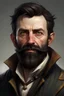 Placeholder: Fantasy portrait of a middle-aged man, late 30s, with short black hair and a short beard. Looks roguish and a little pirate-y. A slightly broad nose, wearing a pirate jacket. Looks like Hugh Jackman, but if he were fantasy-style, not real.