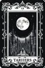 Placeholder: in center stunning alcolhol ink tarot card with full moon and weird fantasy cityscape, dark sky, strars, occult forces, sharp focus, beautiful ornamentic frames on card, detalied, fantasy, black background, card style