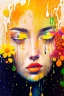 Placeholder: acrylic portrait of a woman, lush hair, rain, flowers, umbrella, autumn, paint blots, splashes, tears, plants, yellow, blue, green, orange colors