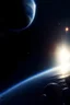Placeholder: View from space with planets and stars, deep atmosphere, sun In the background