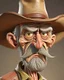 Placeholder: hyper-realistic 3D caricature of an old weathered cowboy with highly exaggerated features. Deeply wrinkled skin, oversized ears, and a long, bulbous nose. Large, expressive wide eyes with intense detail. A thick, wispy white handlebar mustache and long goatee. Wearing a dusty tan wide-brimmed cowboy hat, a brown checkered shirt, and a worn leather vest. Soft studio lighting, neutral beige background, cinematic render, 8k resolution, intricate textures, Pixar-meets-Norman-Rockwell style. Modifier