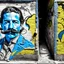 Placeholder: Candid photographs of the acter charli chaplin with the famous mustache on a wall in an alley of an ancient town, in a combined art style of generative art, calligraphic lines, rust debris, peeling yellow and blue paint, black and white portraits, distorted figures.