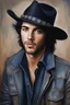 Placeholder: facial portrait, 18-year-old Elvis Paul Stanley Keanu Bernthal, cowboy hat, tan leather jacket, blue shirt, blue eyes, short hair, oil painting, elegant, highly detailed, centered, digital photograph, smooth, sharp focus,