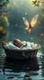 Placeholder: A baby sleeping in side a basket bed that is floating in the river and an beautiful fairy with beautiful sparkling wings flying over him, 4K, a dramatic , cinematic, great lighting