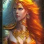 Placeholder: movie poster, A beautiful laughing elf with cutter, pool and letah from elfquest(by Wendy and Richard Pin) with very long hair, soft features, orange robe, golden sun glasses